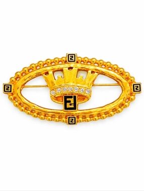 Vintage Fendi Gold Crown Brooch – Crystal Logo Statement Designer Pin COA